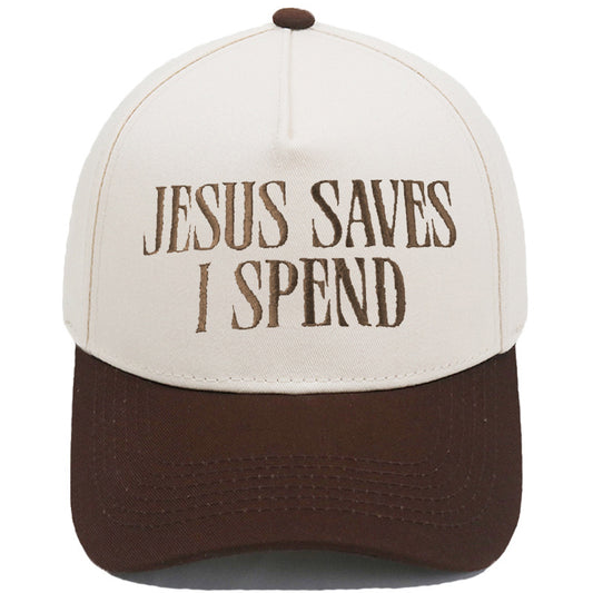JESUS SAVES I SPEND Embroidered Trucker Hat Color-Block Baseball Cap