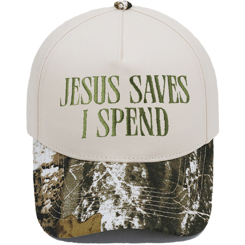 JESUS SAVES I SPEND Embroidered Trucker Hat Color-Block Baseball Cap